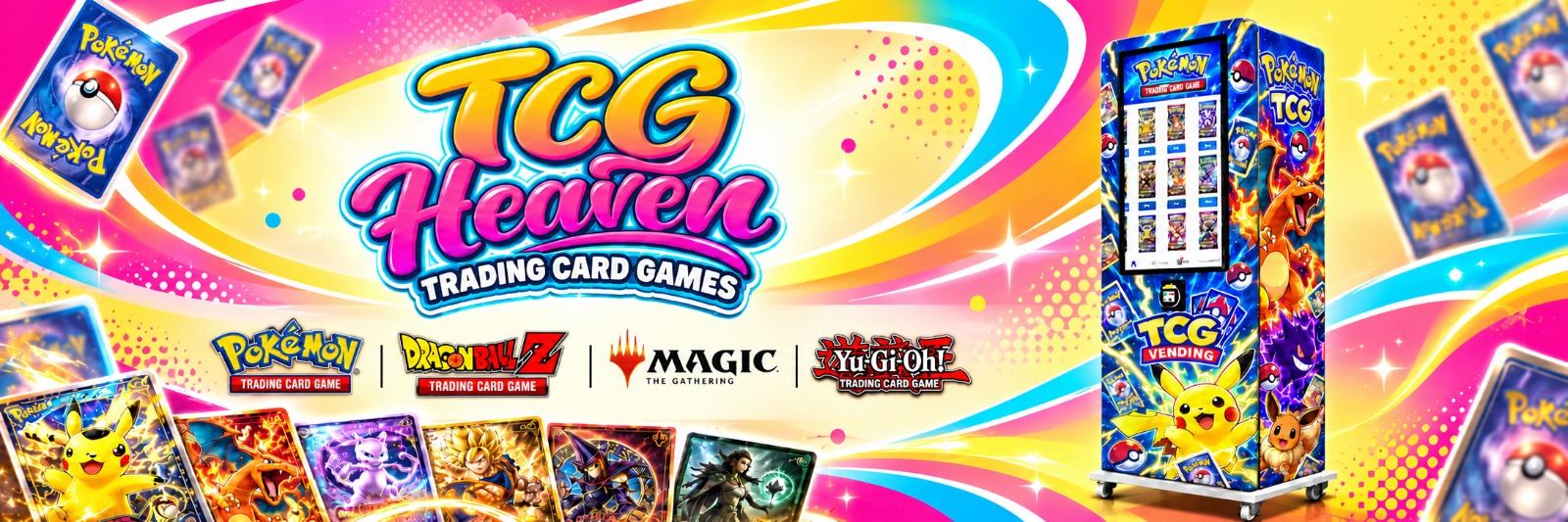 TCG Heaven banner met trading cards en een verkoopautomaat